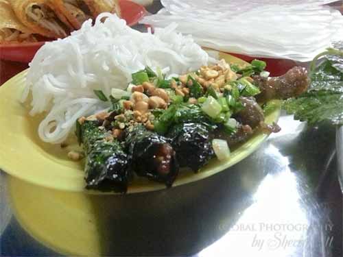 Grilled meat in lot leaf with rice noodle. Next step – roll it up in a burrito!
